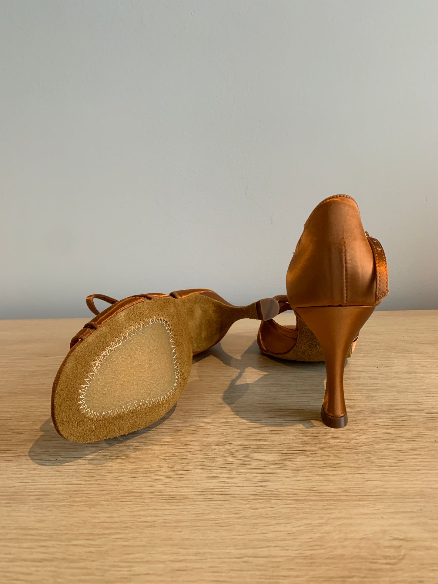 Mia T-Bar XG - Tan Satin - Size 5 - Regular (XG Soles)