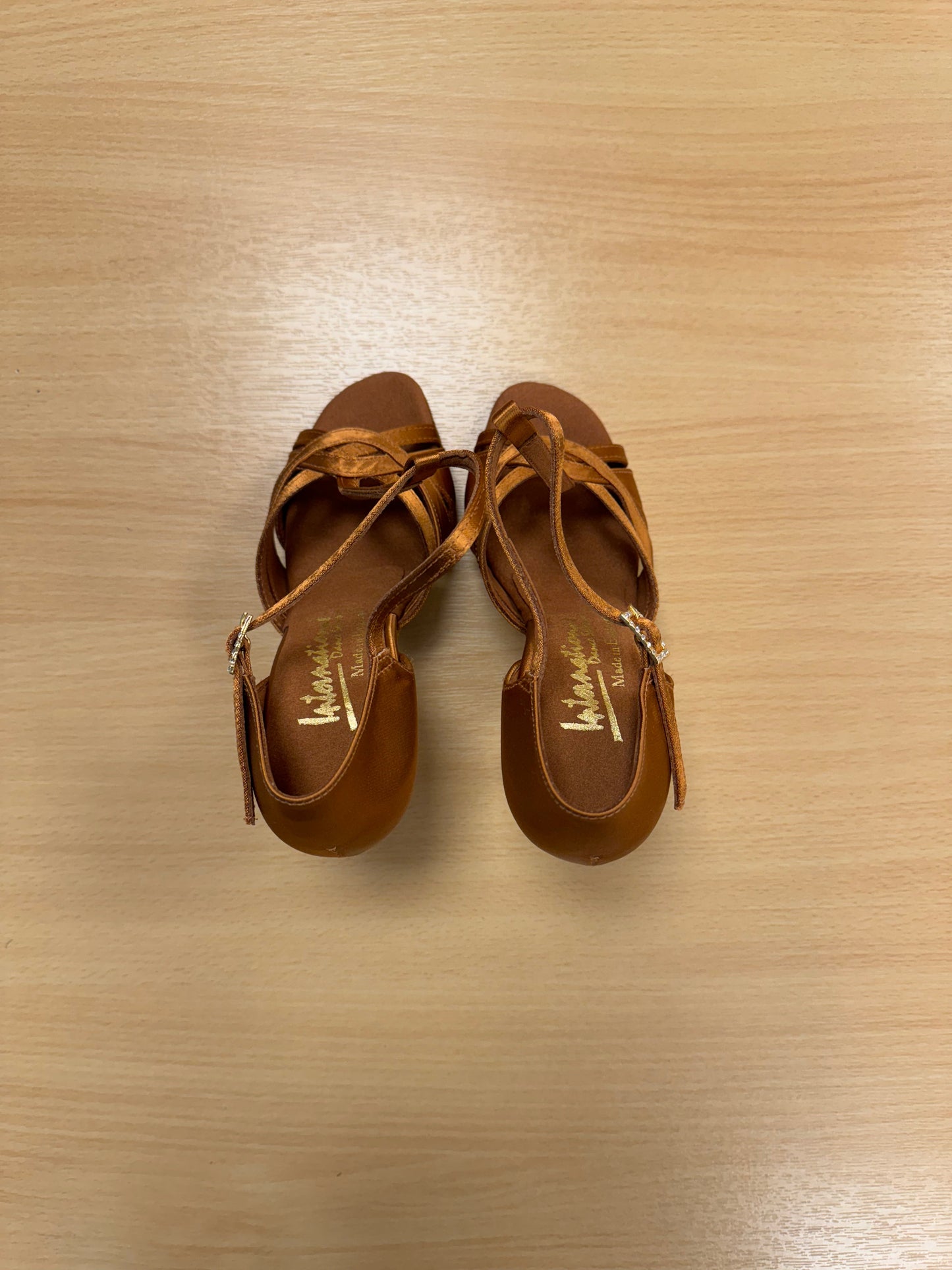 Mia T-Bar - Tan Satin (Size 2)