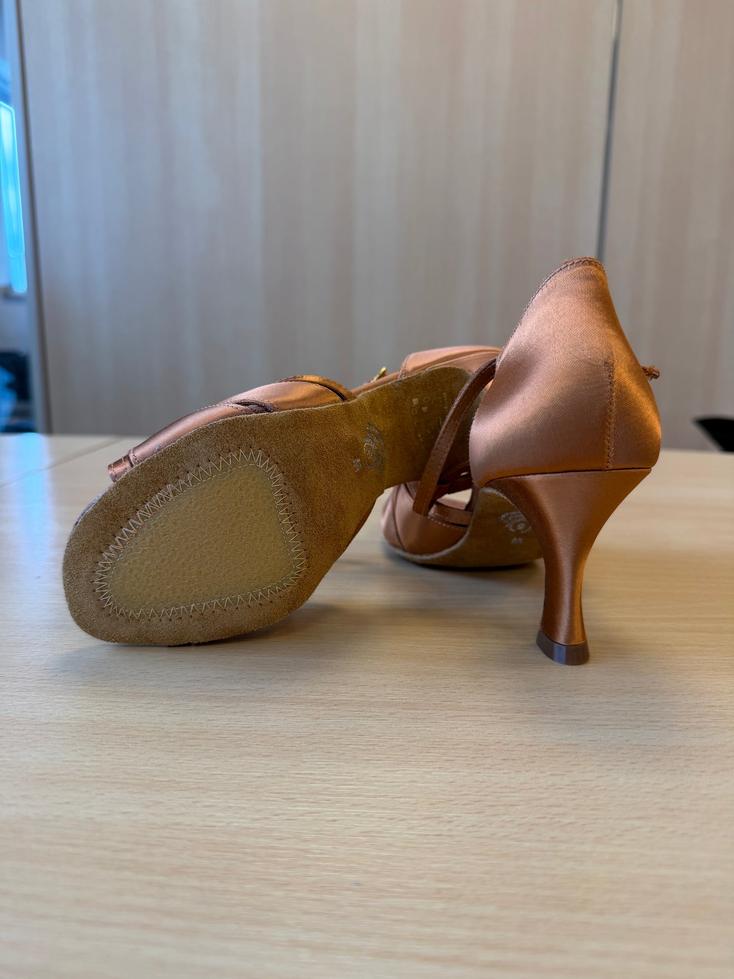 Mia T-Bar - Tan Satin - Size 5 - Wide (XG Soles)
