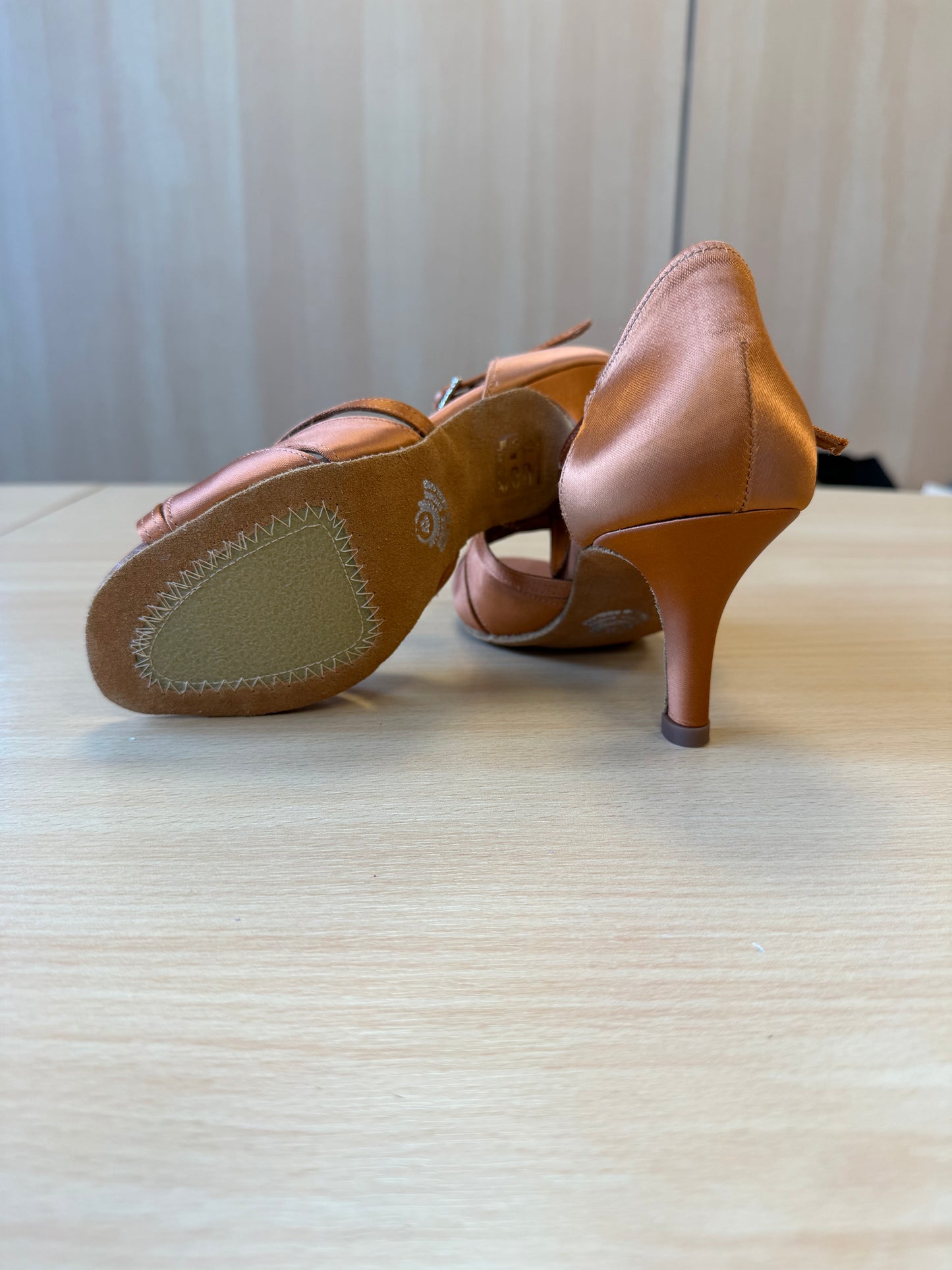 Mia T-Bar - Tan Satin - Size 4.5 - Regular (XG Soles)