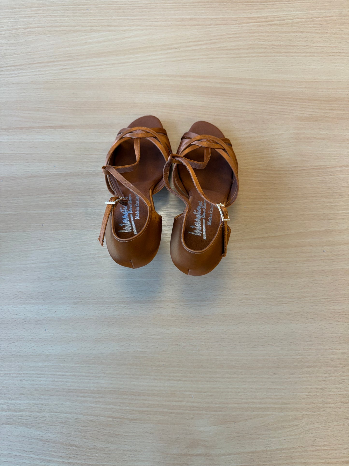Mia T-Bar - Tan Satin - Size 5.5 - Wide
