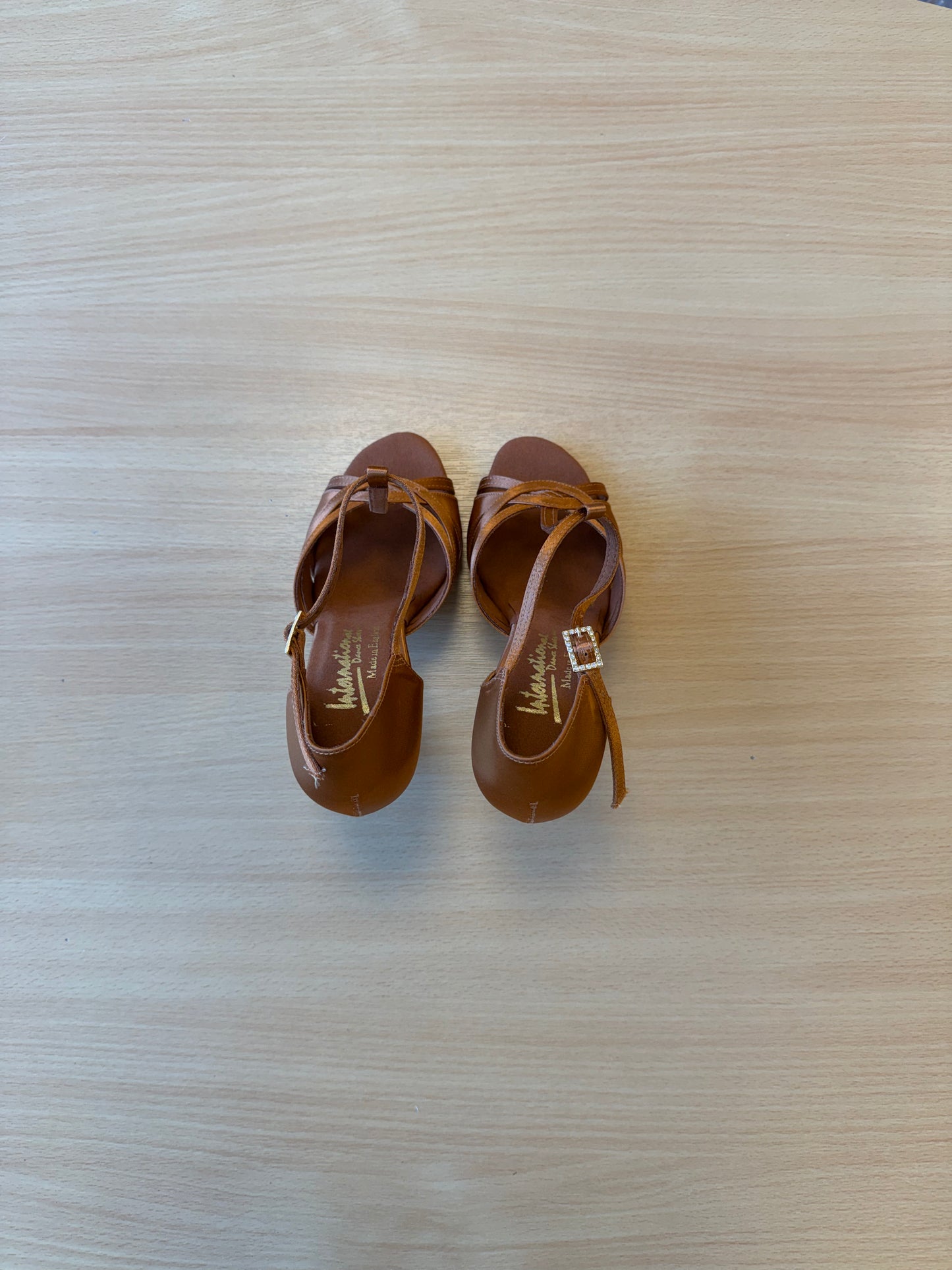 Mia T-Bar - Tan Satin - Size 5.5 - Regular
