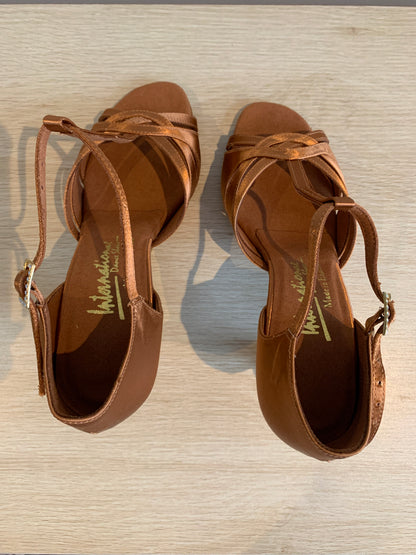 Mia T-Bar XG - Tan Satin - Size 5 - Regular (XG Soles)