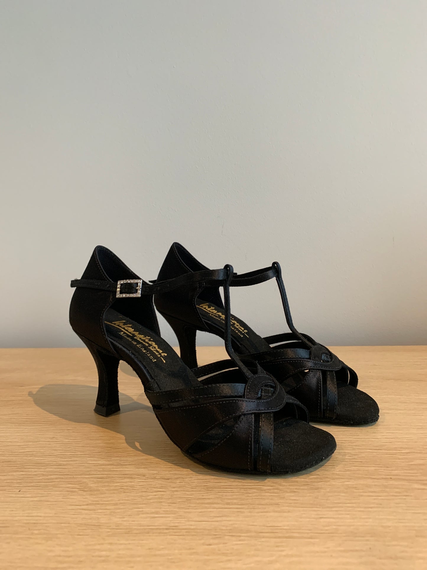 Mia T-Bar - Black Satin - Size 5 - X Wide