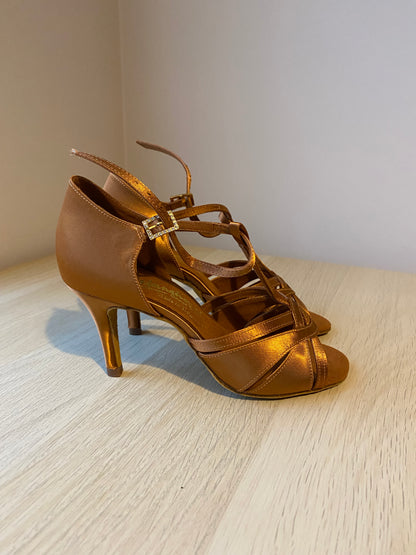 Mia T-Bar - Tan Satin - Size 3 - X Wide