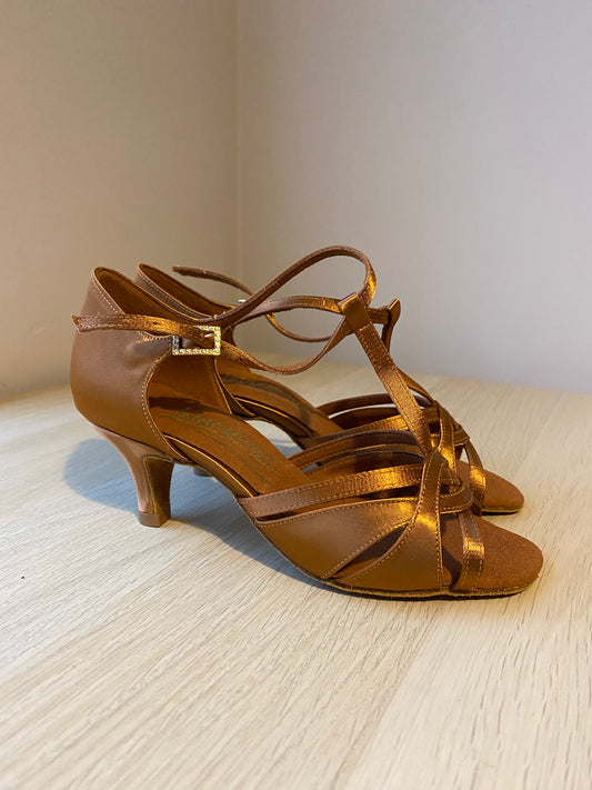 Mia T-Bar XG - Tan Satin - Size 3 - Regular (XG Soles)