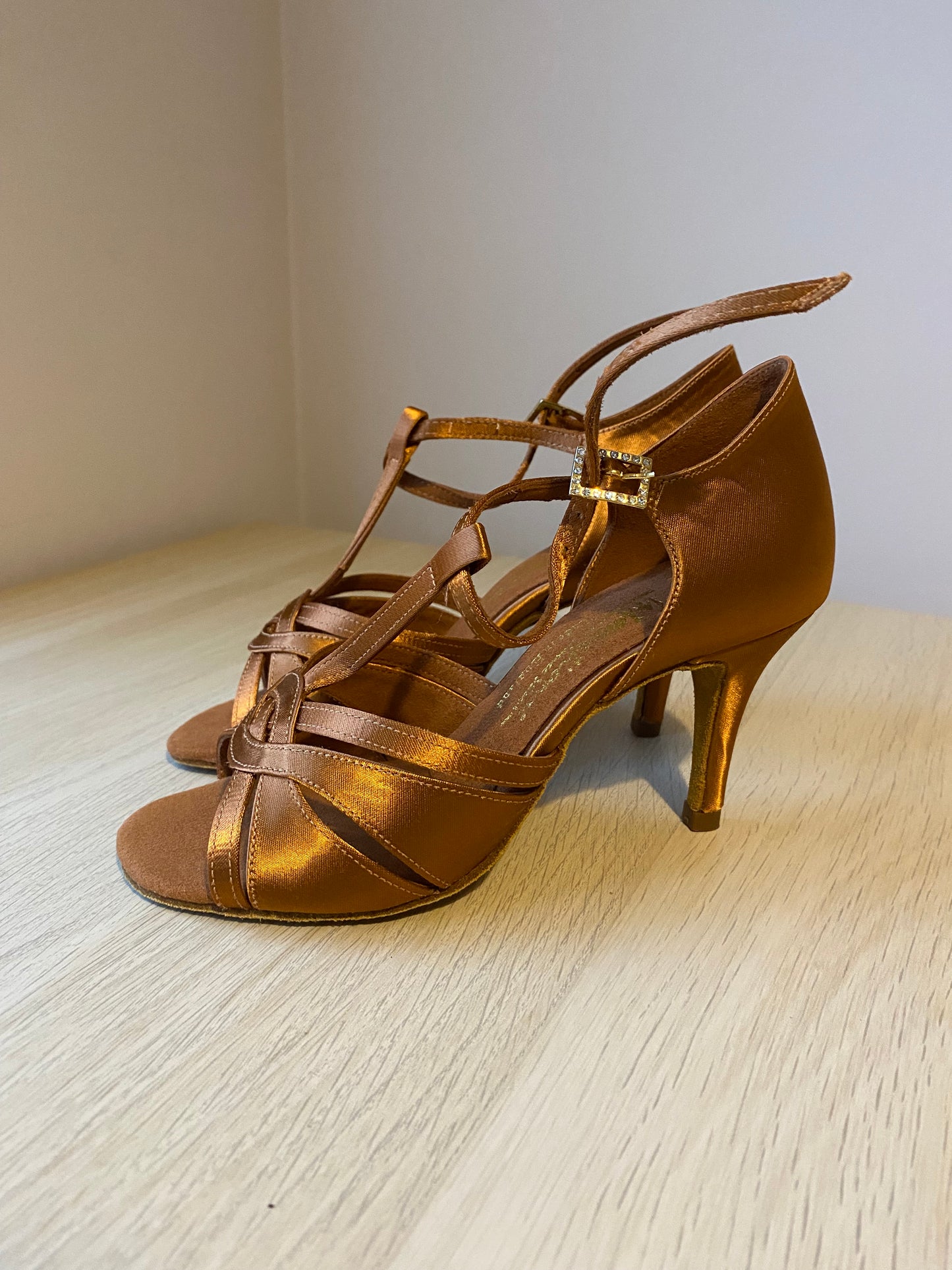 Mia T-Bar - Tan Satin - Size 3 - X Wide