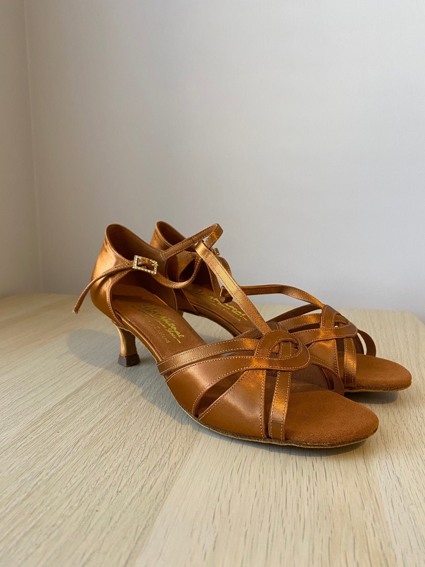 Mia T-Bar - Tan Satin (Size 7.5)