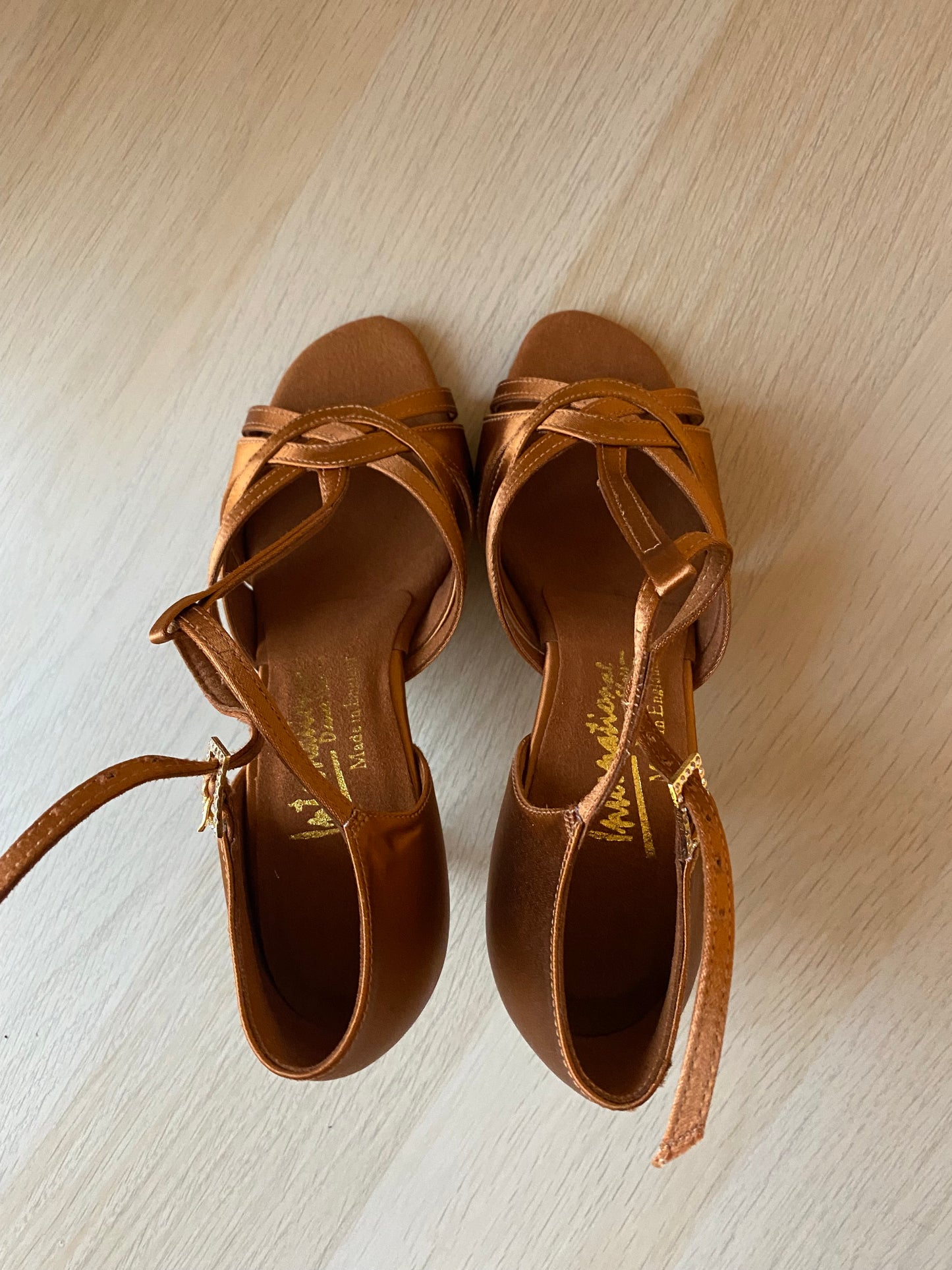 Mia T-Bar - Tan Satin - Size 3 - X Wide