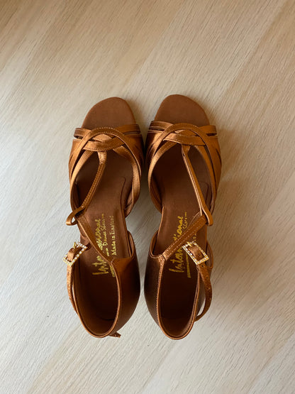 Mia T-Bar XG - Tan Satin - Size 3.5 - Narrow (XG Soles)