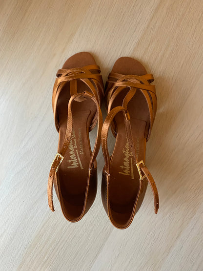 Mia T-Bar XG - Tan Satin - Size 3 - Regular (XG Soles)