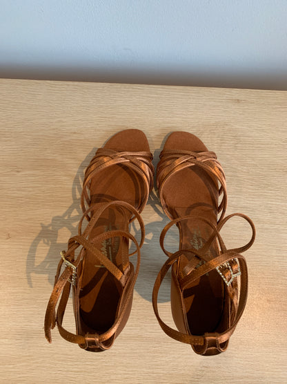 Emily - Tan Satin - Size 6.5 - Wide