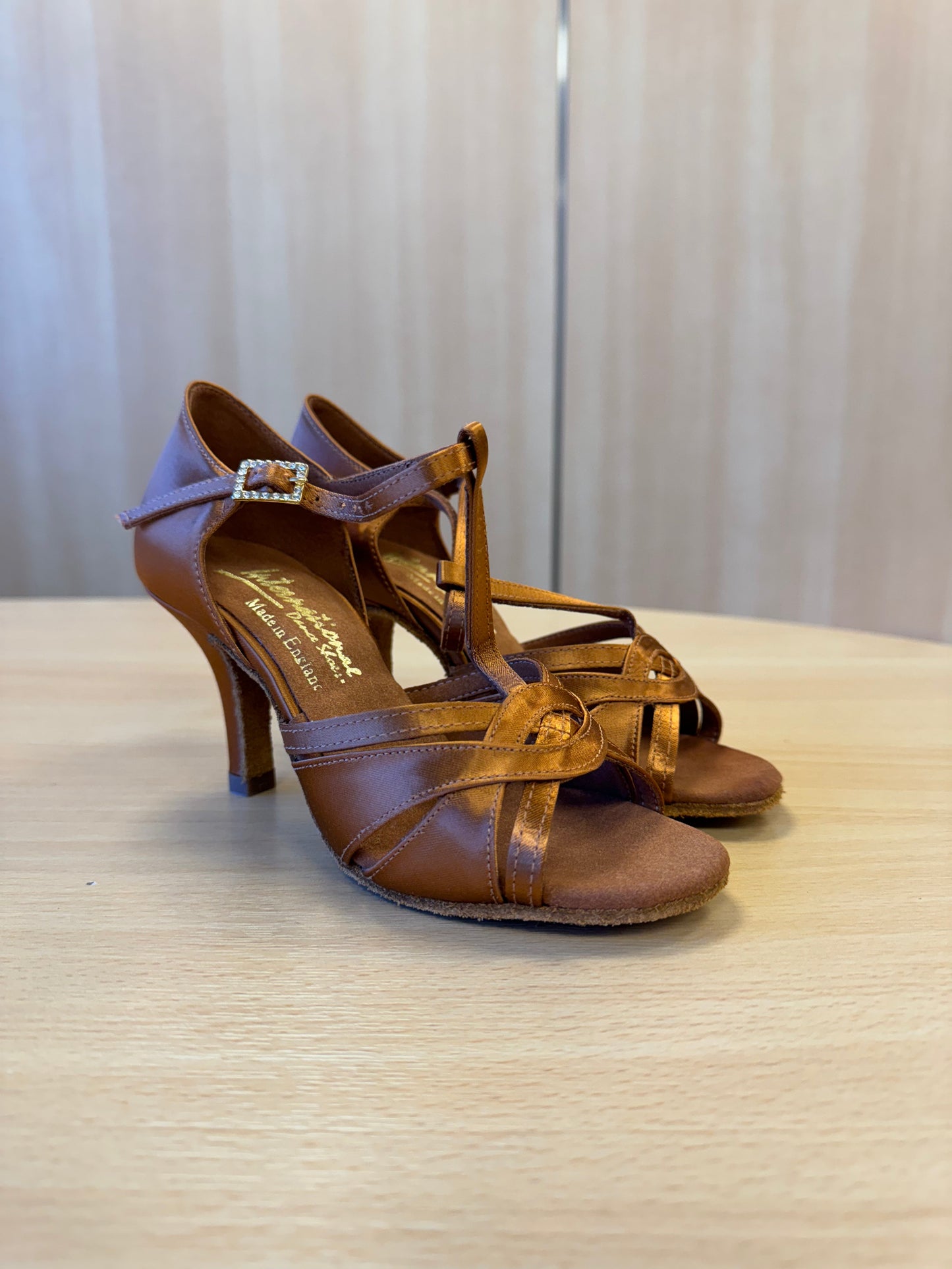 Mia T-Bar XG - Tan Satin (Size 2.5)