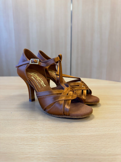 Mia T-Bar XG - Tan Satin (Size 2.5)