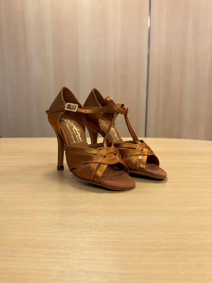 Mia T-Bar - Tan Satin (Size 2)