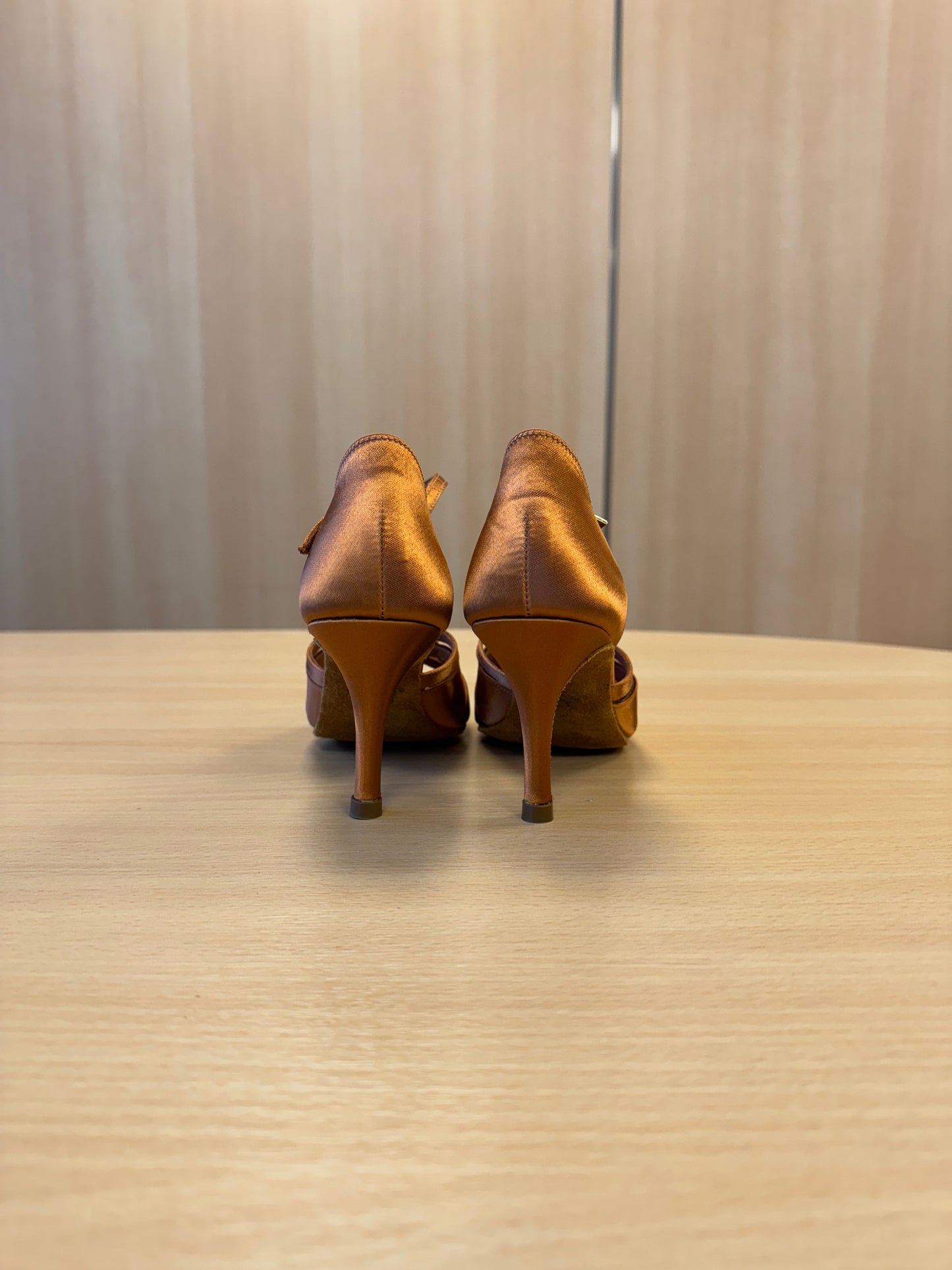 Mia T-Bar - Tan Satin (Size 2.5)