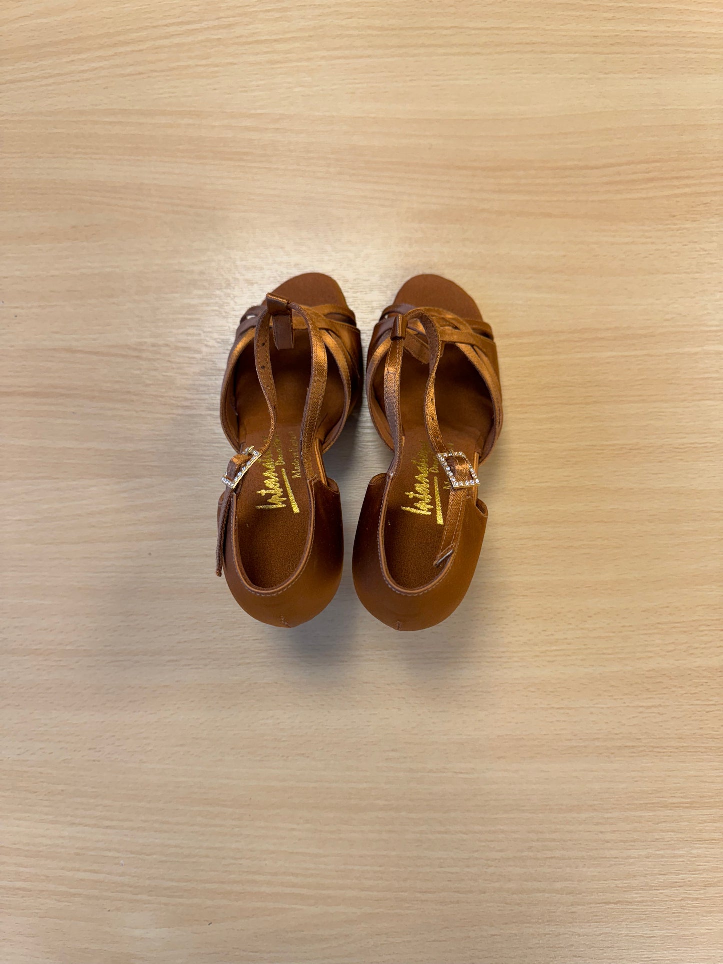 Mia T-Bar - Tan Satin (Size 2.5)