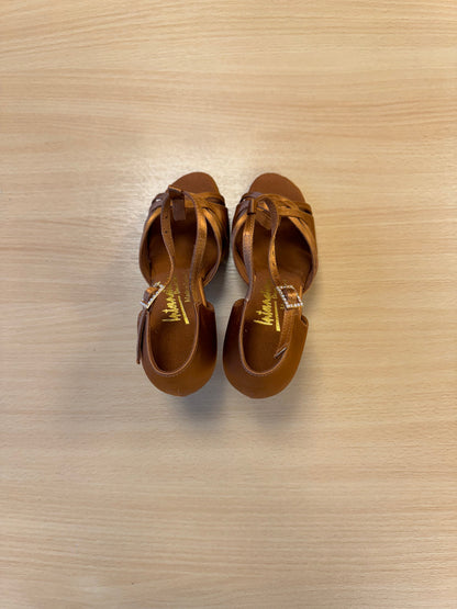 Mia T-Bar - Tan Satin (Size 2.5)