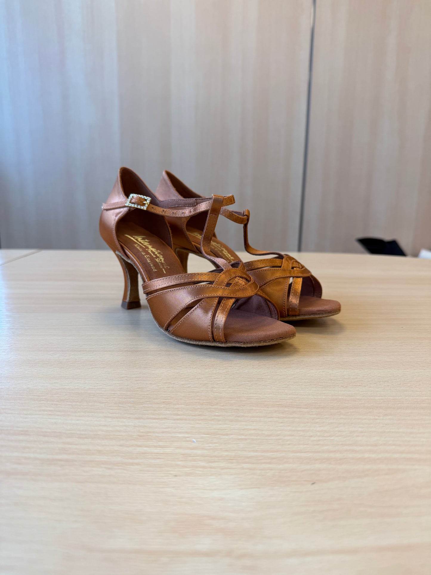 Mia T-Bar - Tan Satin - Size 5 - Wide (XG Soles)