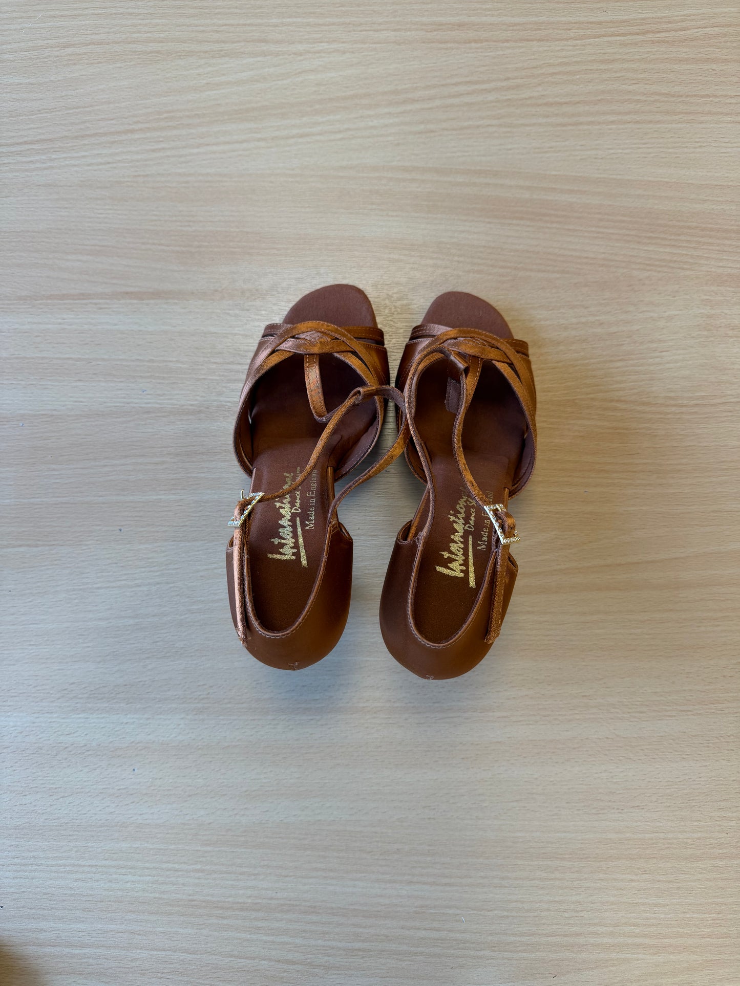 Mia T-Bar - Tan Satin - Size 5 - Wide (XG Soles)