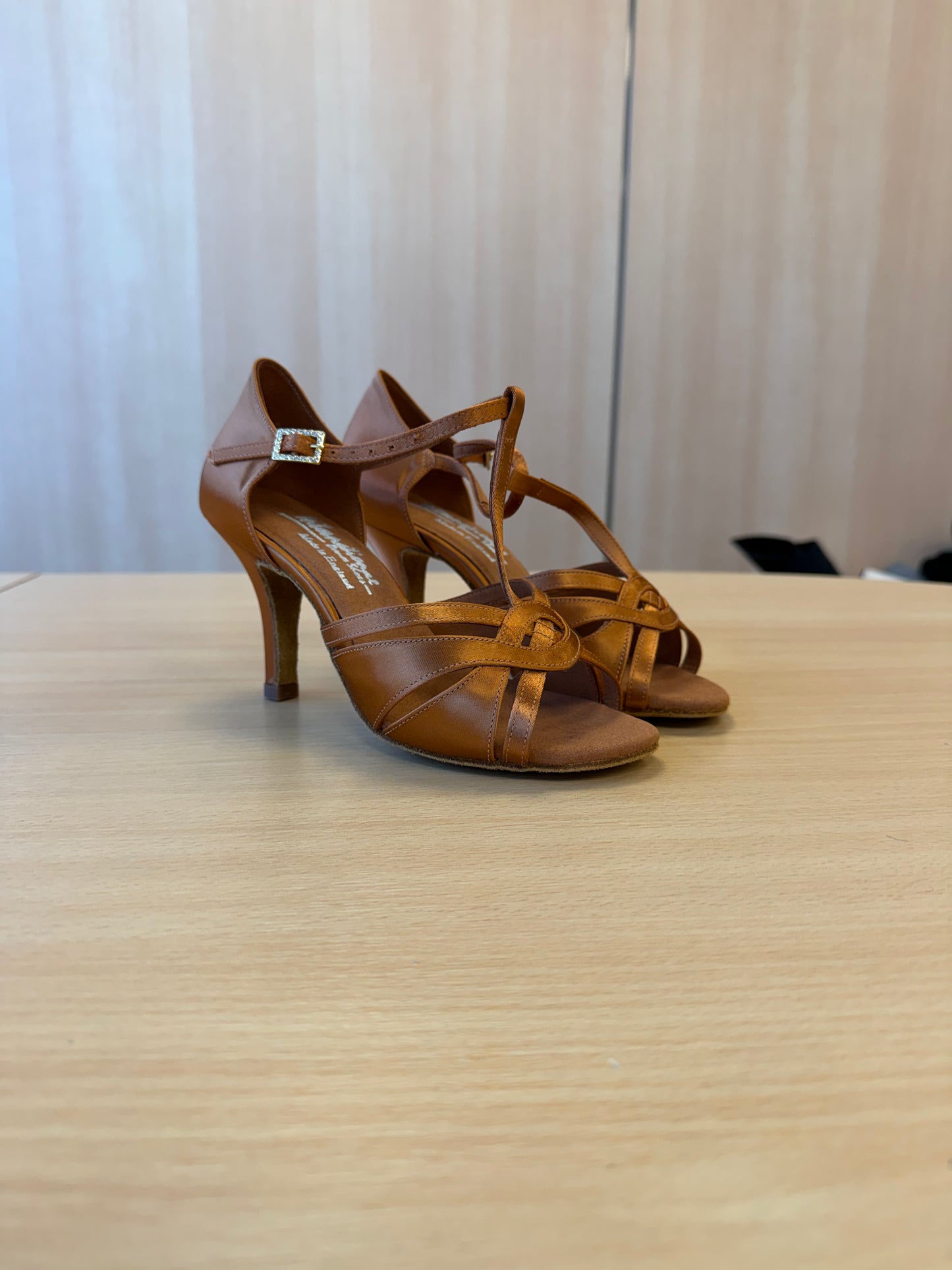 Mia T-Bar - Tan Satin - Size 5 - X Wide