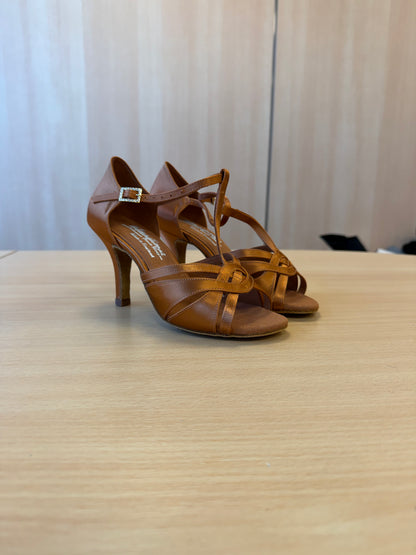 Mia T-Bar - Tan Satin - Size 5 - X Wide