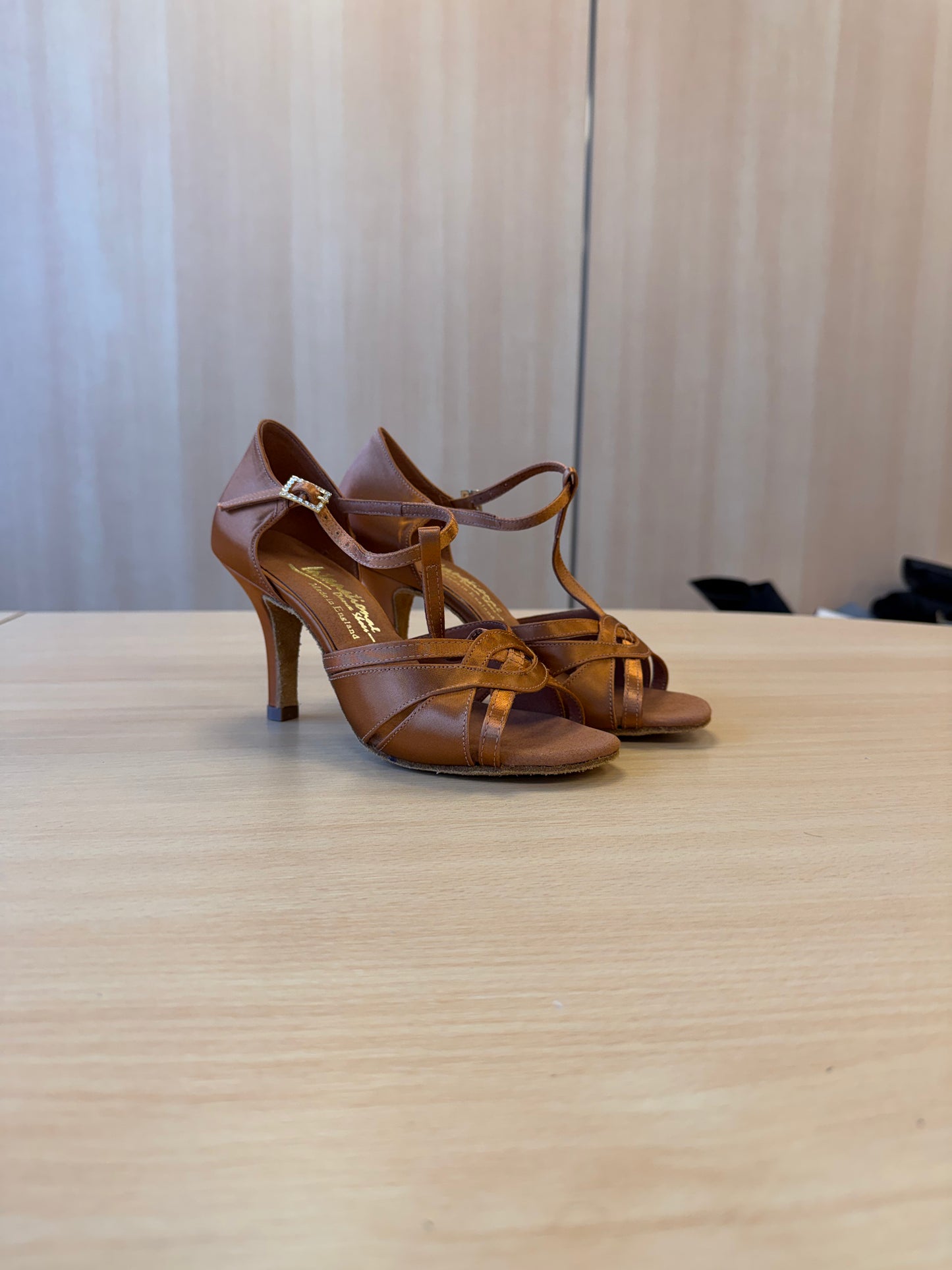 Mia T-Bar - Tan Satin - Size 5 - Narrow