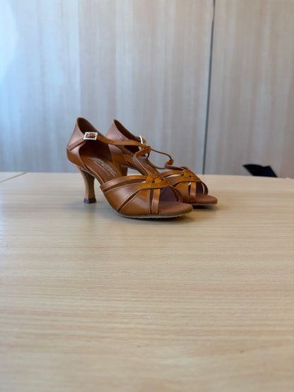 Mia T-Bar - Tan Satin - Size 5.5 - Wide