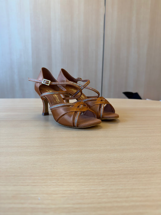 Mia Sequin - Tan Satin/Copper Glitter - Size 5.5 - X Wide