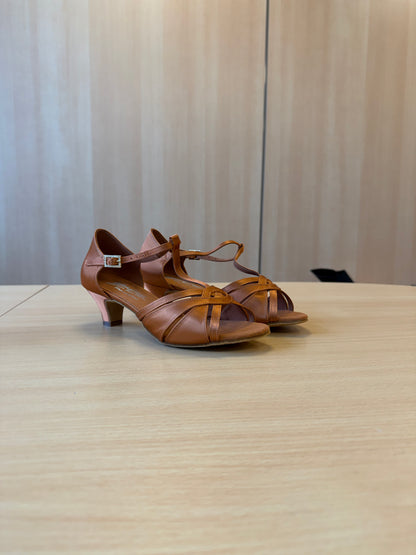 Mia T-Bar - Tan Satin - Size 6 - X Wide