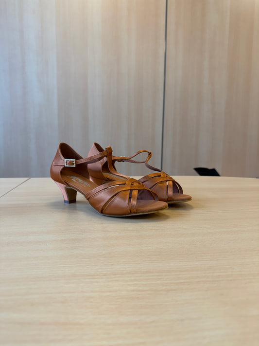 Mia T-Bar - Tan Satin - Size 6 - X Wide
