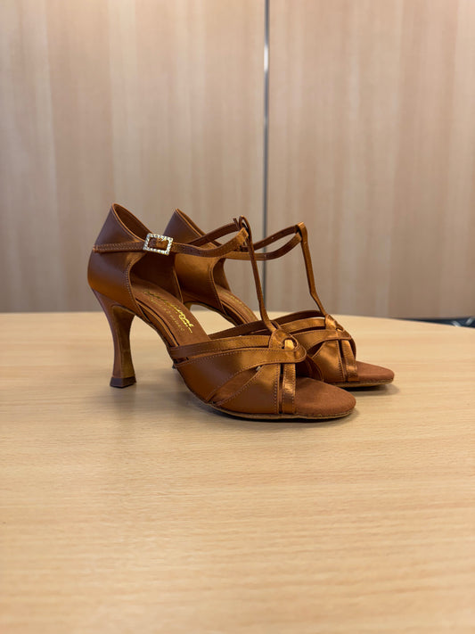 Mia T-Bar  - Tan Satin - Size 5 - Narrow (XG)