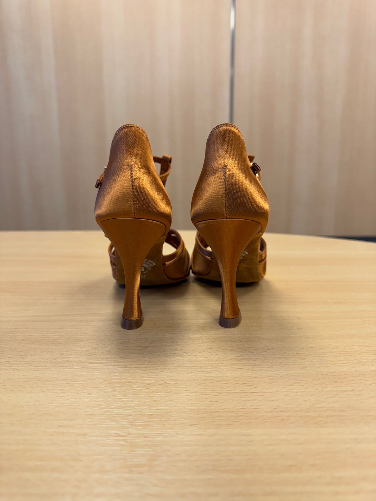 Mia T-Bar  - Tan Satin - Size 5 - Narrow (XG)