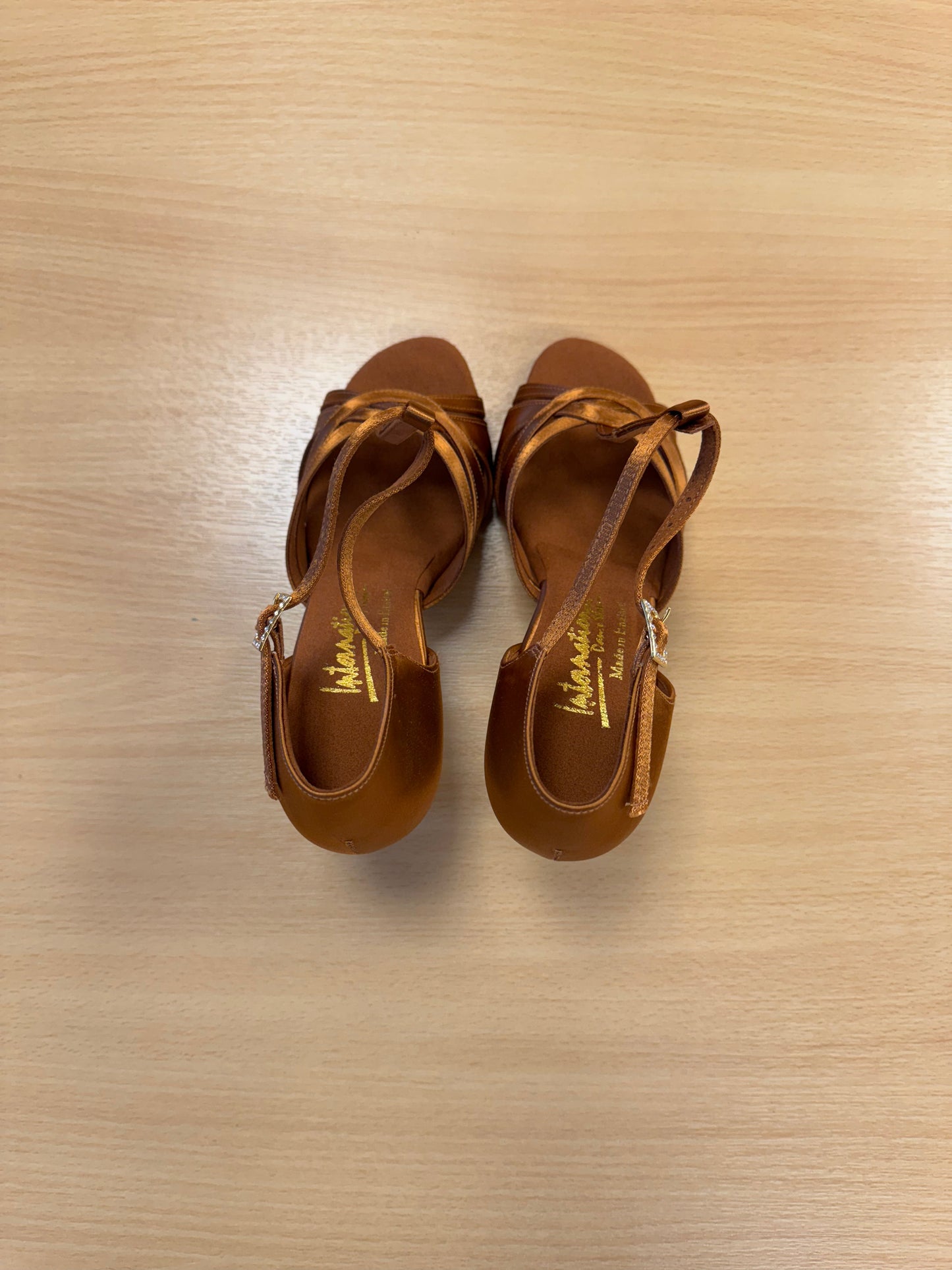 Mia T-Bar  - Tan Satin - Size 5 - Narrow (XG)