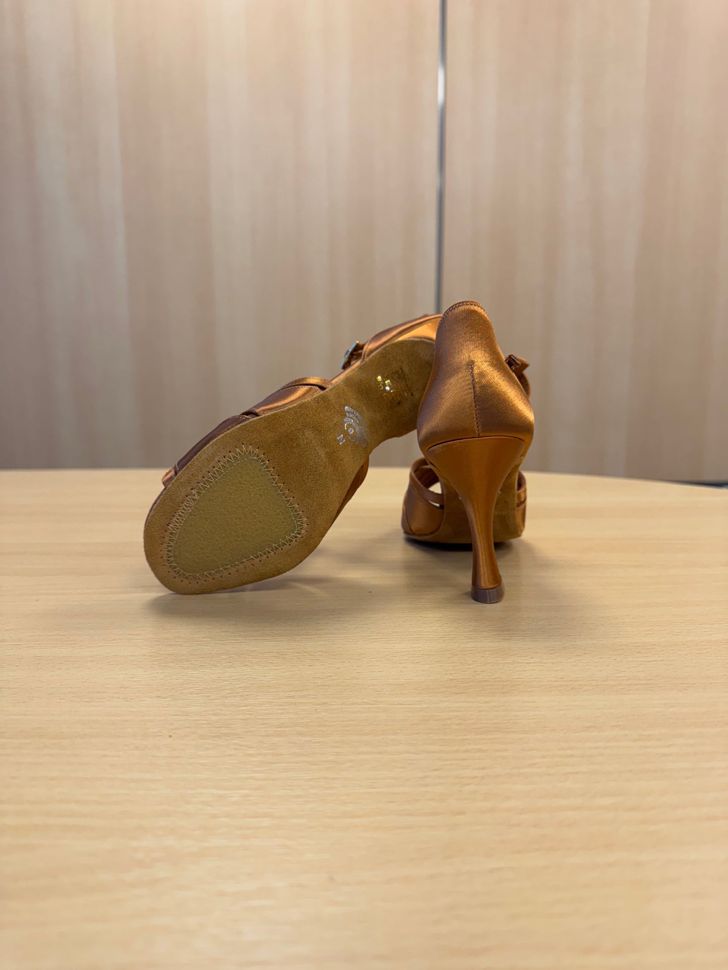 Mia T-Bar  - Tan Satin - Size 5 - Narrow (XG)