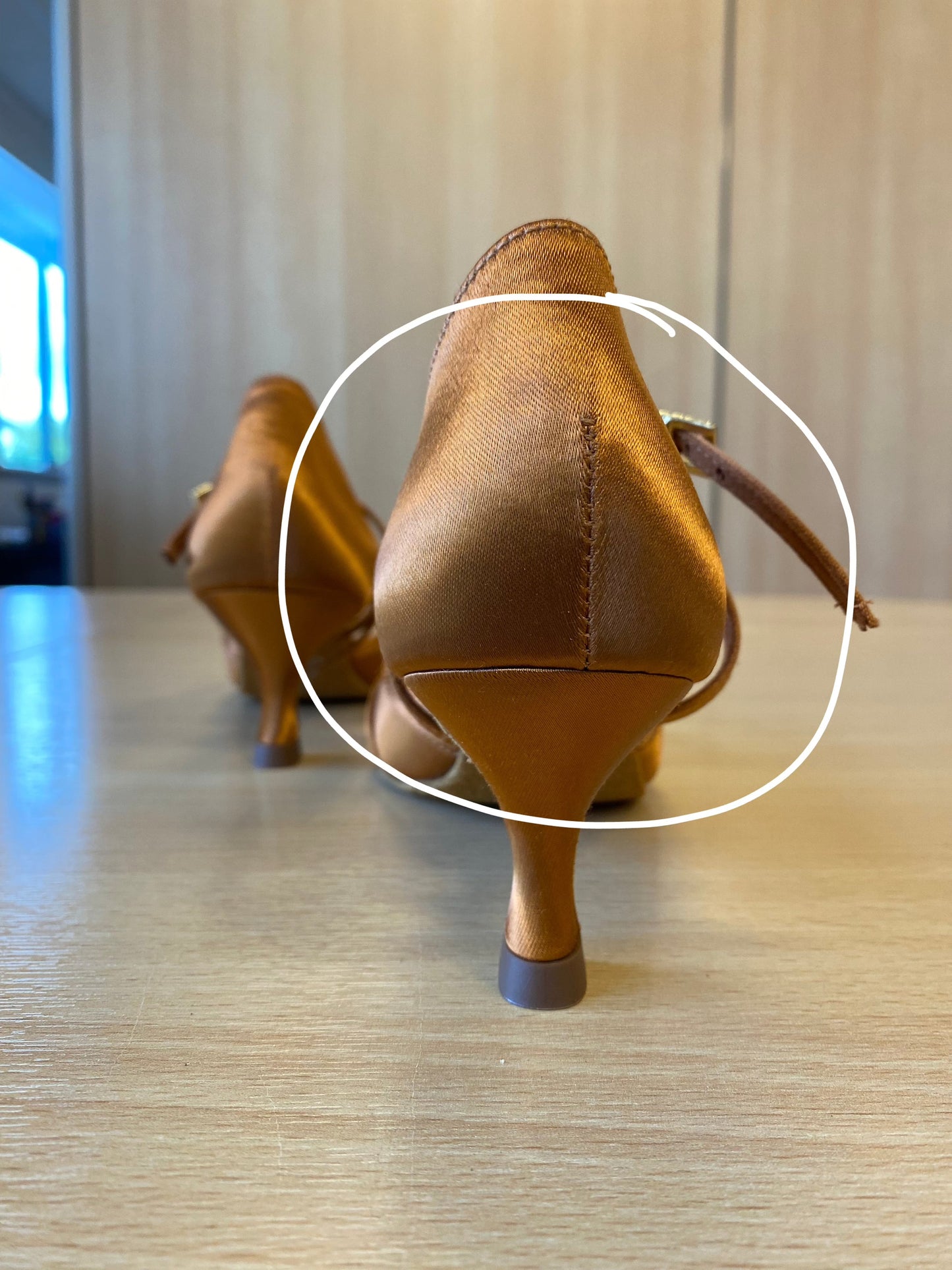 Mia - Tan Satin (Size 4.5XW)